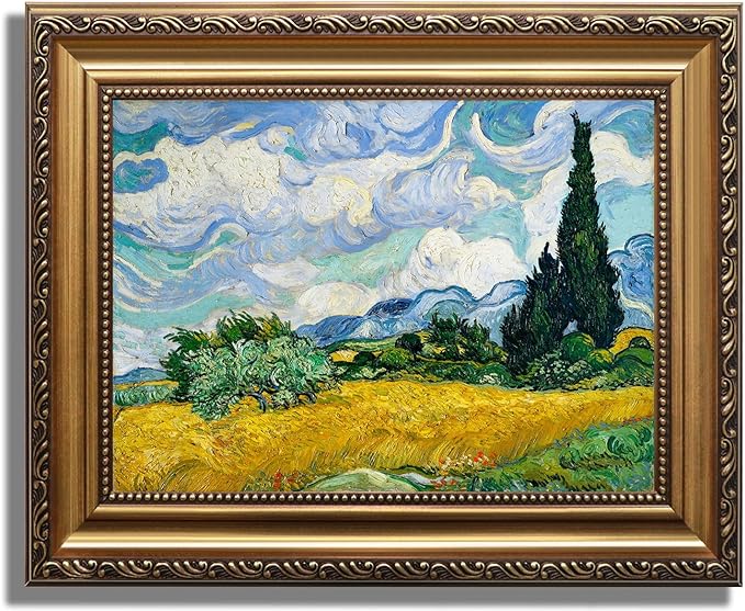 KBKBART Gold Framed Van Gogh Wall Art, Vintage Abstract Wheat Field with Cypress Canvas Impressionist Oil Painting, Farmhouse Country Landscape Wall Decor, Van Gogh Poster Art Prints for Bedroom Living Room, Gallery, Gifts for Friends or Family(9"x12")