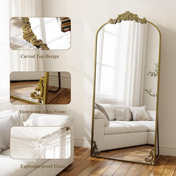 GLSLAND 32"x71" Vintage Full Length Mirror,Large Carved Arched Full Body Mirror with Metal Frame for Bedroom/Living Room/Entryway,Gold