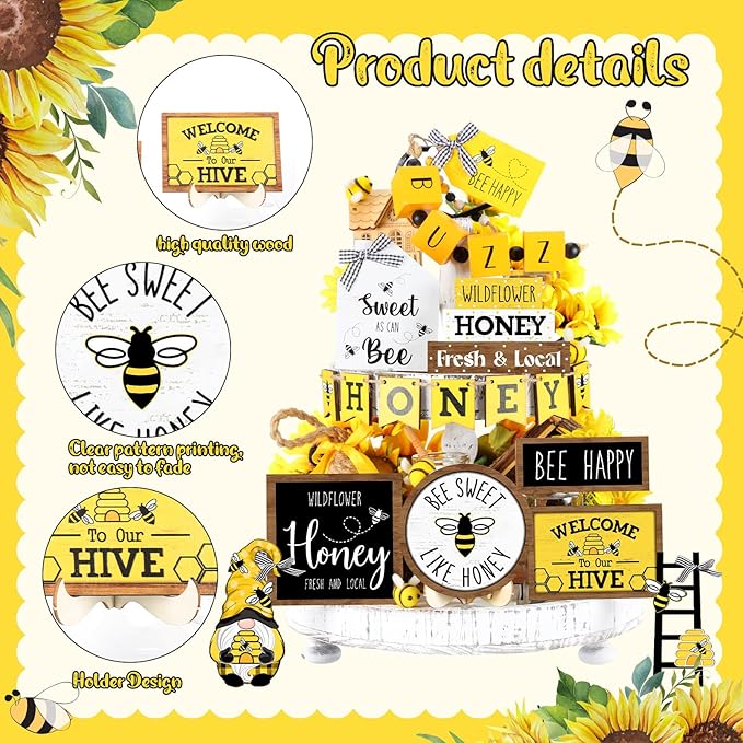Bucherry 17 Pcs Spring Honey Bee Tiered Tray Decor Set Bee Wooden Signs Gnome Yellow Truck Honey Table Decor Spring Summer Farmhouse Table Signs Decoration