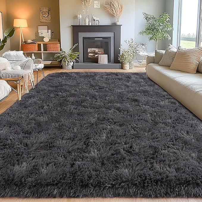 8x10 Area Rugs for Living Room, Ultra Soft Fluffy Large Shaggy Rug Carpet for Bedroom, Non-Slip Fuzzy Plush Rugs for Nursery Boys Girls Kids Room Modern Indoor Home Decor, Charcoal Grey