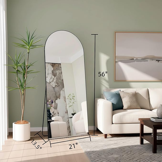 56"x21"Full Length Mirror,Arched Floor Mirrors with Aluminum Alloy Frame,Wall Mountable Tempered Glass Full Body Mirror for Wall Entryway Door Bedroom Bathroom Living Room Black