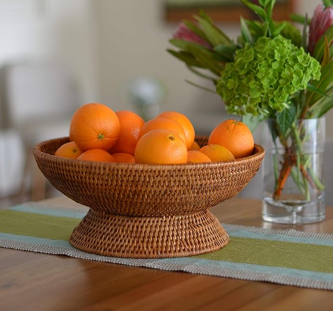 KOUBOO La Jolla Rattan Fruit Bowl, Woven Bowl for Kitchen Counter - Wicker Storage Basket | Decorative Serving Tray, Fruits, Home Décor, Honey-Brown, Large