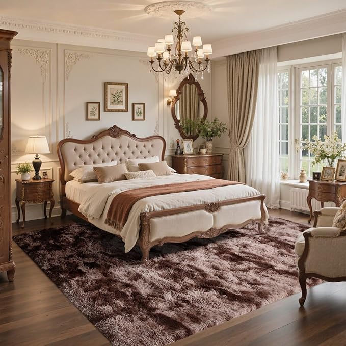 9x12 Area Rugs for Living Room Brown Fluffy Fur Bedroom Rug,Rustic Plush Non-Slip Dark Carpet for Book Room Office,Coffee Stain Resistant