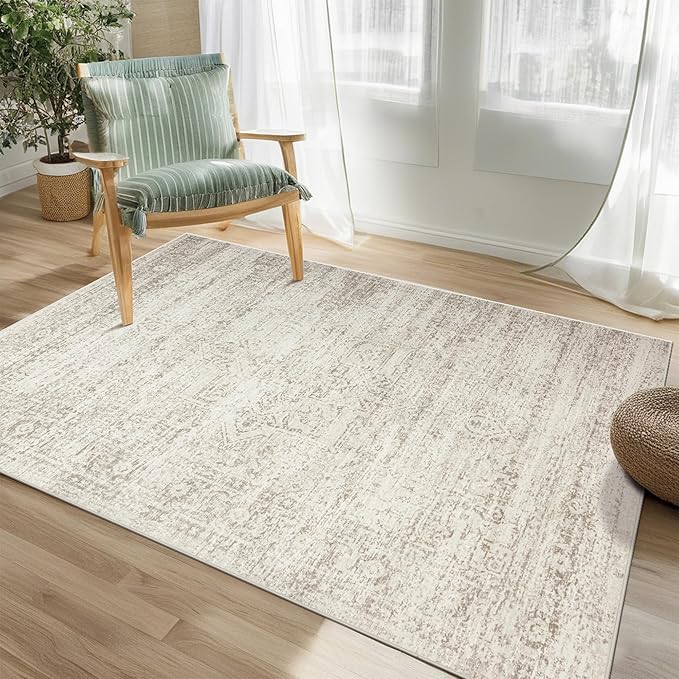 Srugn Washable Rugs 4x6 Area Rugs for Living Room,Bedroom,Kids Room,Nursery- Ultra Soft Faux Wool Small Carpets,Non Slip&Non-Shedding Low Pile Vintage Print Rugs for Enterway,Home Office Decor