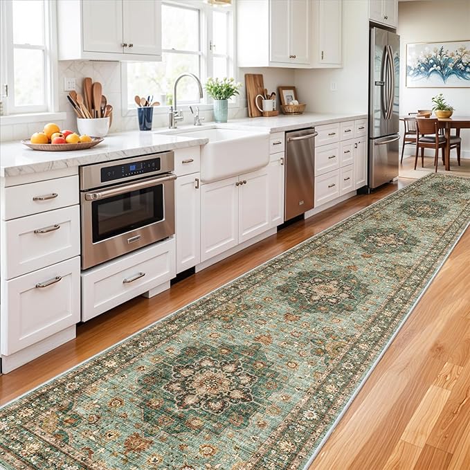 Washable Oriental Hallway Runner Rug - 3x20 Rugs for Living Room Soft Carpet for Bedroom Kitchen Waterproof Floral Distressed Indoor Stain Resistant Non-Shedding Floor Carpets (Green, 3X20)
