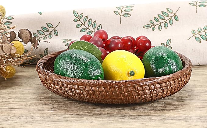 Hipiwe Small Key Basket Bowl for Entryway 7.6" Round Woven Wicker Basket Fruit Serving Tray Woven Basket Wall Decor Rattan Organizer Basket for Keys Wallet Cell Phone, Brown