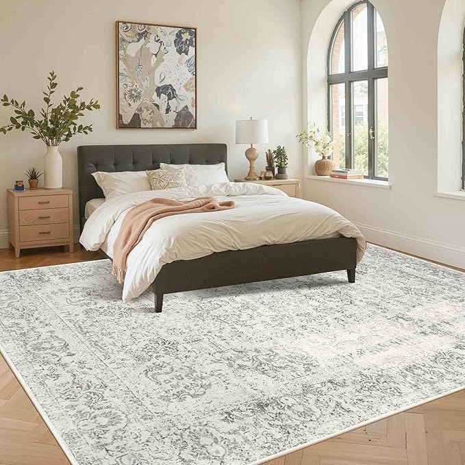 Rugxara 8x10 Washable Area Rug for Living Room, Extra Large Neutral Vintage Boho Rugs for Office, Kids Room, Farmhouse, Durable Low Pile Non Slip Carpet for High Traffic Areas, Light Grey