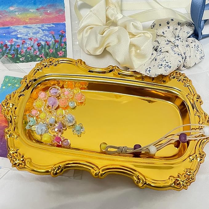 Gold Decorative Tray Vintage Perfume and Makeup Organizer, 7.87” x 4.84” Jewelry Organizer Bathroom Trays Jewelry Display,Vintage Carving Decor Home (Rectangle-Gold)