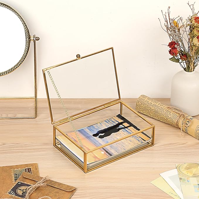 Glass Vatage Glass Box Gold Mirror Jewelry Box Lidded Keepsake Boxes Trinket Case for Ring Earring Storage Decorative Jewelry Organizer for Dresser Bathroom Office, 6.3x 4.3x 2 Inch