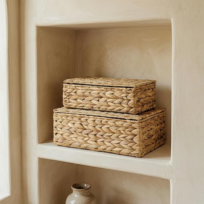 Decorative Storage Boxes with Lids - Set of 2 Beautiful Wicker Organizer Bins for Your Shelves & Home Decor - Safely Store Your Photos, Documents, and Memory Box Keepsakes in a Stylish Rattan Design