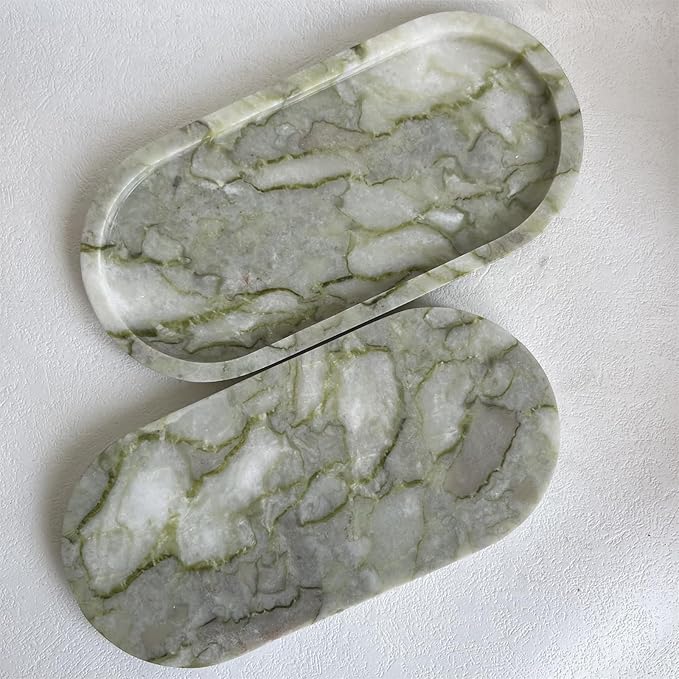 Natural Marble Oval Tray Ornaments Vintage Small Tray Storage Dish for Counter, Vanity, Dresser, Nightstand and Desk (Green Emerald)