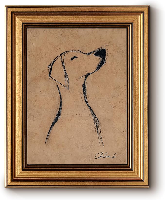 Bzstyleart Vintage Wall Art Decor, Gold Framed Wall Art 8 x 10 Inch Sketch Dog Pictures, Vintage Gold Framed Dog Wall Art, Canvas Picture Print Animal Painting for Bedroom Living Bathroom
