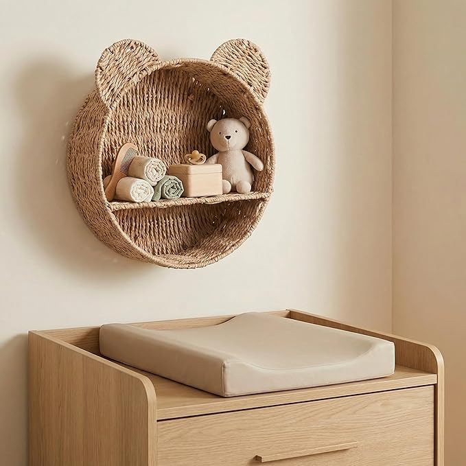 Bear Nursery Decor Wall Shelf, Handwoven Wicker Nursery Shelves for Wall, Wall Mounted Nursery Bookshelf for Small Books, Toys & Decor