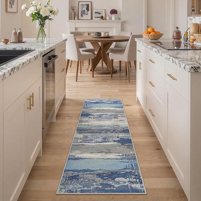 GENIMO 2X5 Washable Modern Runner Rug for Hallway, Non-Slip Low Pile Chenille Print Rug, Soft Rugs for Indoor Entryway Kitchen Corridor, Indigo Drift