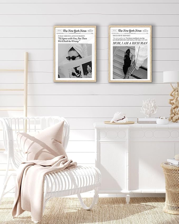 EcoHest Trendy Newspaper Framed Wall Art, 12x16 in OAK Wood Mom I Am a Rich Man Canvas Art, Magazine Girly Poster College Dorm Decor, Beige Logs Set of 1 for Bedroom Living Room