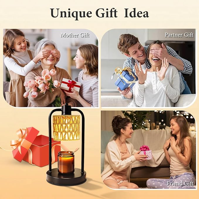 Candle Warmer Lamp with Timer Light: Electric Wax Melt Warming Dimmable for Yankee Candles Large - Birthday Christmas Gift for Women Mom, Room, New Home Decor, Vintage House (Black + Brown Hemp Rope)