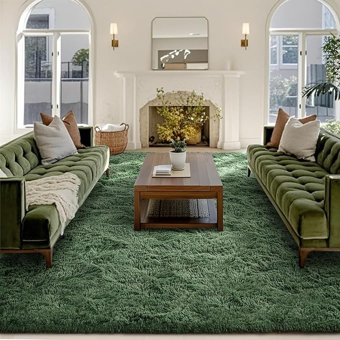FinRèc 9x12 Feet Green Rug for Living Room Bedroom, Fluffy Fuzzy Shag Rugs, Non-Slip Furry Shaggy Area Rug for Nursery Kids Room Dorm Room Home Decor, Indoor Floor Carpet