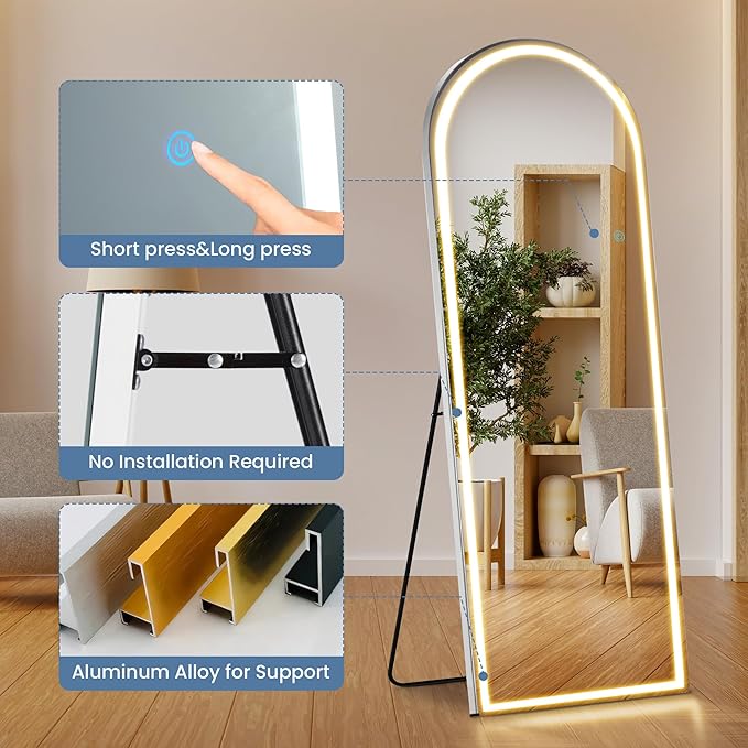 DUMOS Arched Full Length Mirror with Light- 26"×70" LED Floor Standing Mirror with 3 Color Lights & Wall Mounted for Bedroom, Dressing Room, Living Room, Bathroom