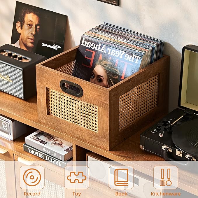 LELELINKY 2 Pack Vinyl Record Storage Crates, Rattan Vinyl Record Holder with Handle, TeaC Record Crate for Vinyls Holder up to 75 LP's, Desktop Cube Album Storage for Vinyls Records