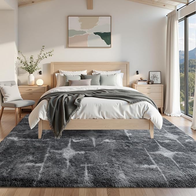 Area Rugs for Living Room 6x9 Feet, Soft Fluffy Shagg Plush Bedroom Rug Non-Slip,Large Carpet for Nursery Kids Dorm Home Decor Starlight Grey