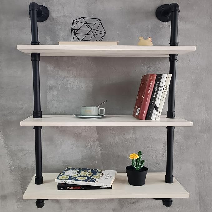 HDDFER White Floating Shelves 24 inch Pipe Wall Shelves Bathroom Shelves Over Toilet with Wood Planks Industrial Pipe Floating Shelves Farmhouse Bathroom Pipe Shelves Wall Mounted