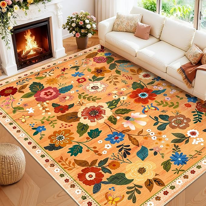 RELEANY Floral Nursery 8x10 Area Rugs Washable Print Boho Cute Carpet Non Slip Flower Low Pile for Living Room Kids Girls Playroom Bedroom Kitchen Office Farmhouse-Yellow/Orange