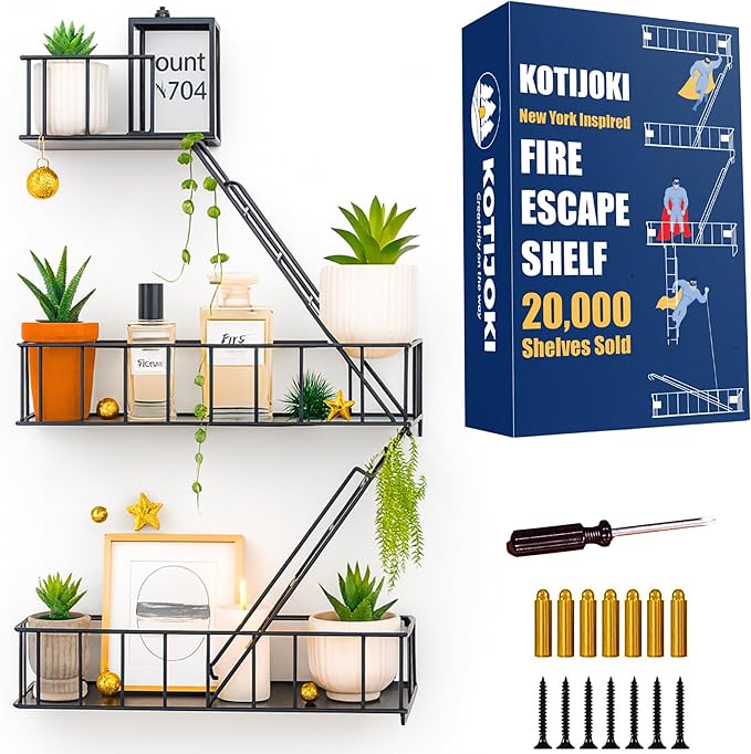 Fire Escape Wall Shelf – New York Decorative Floating Shelf – Wall Art Ladder Shelf – Black Metal Trinket Shelves for Bedroom, Home, Office, Storage and Display (2.5-Tier)