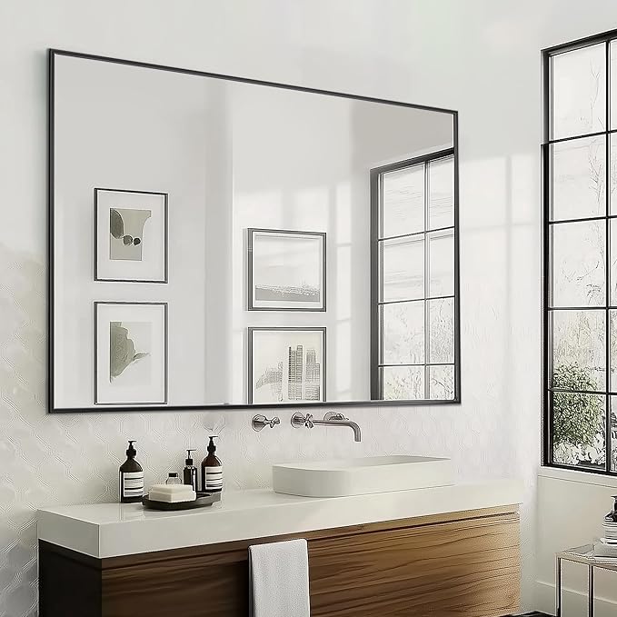 Antok Bathroom Mirror, 55"x36" Wall Mirror, Decorative Mirrors Vanity Mirror Aluminum Alloy Frame Contemporary Rectangular Hanging Mirror for Living Room Bathroom Entryway,Black,Rect Corner
