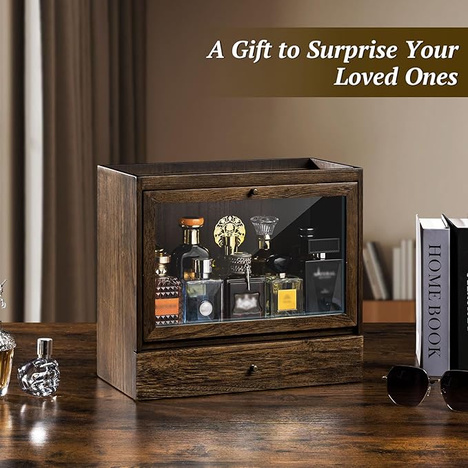 Emfogo Cologne Organizer for Men, Solid Wood Perfumes Organizer for Men Dresser, Large Capacity Dustproof Cologne Holder with Drawer Storage Perfume Stand Organizer, Ideal Gift for Loved ones