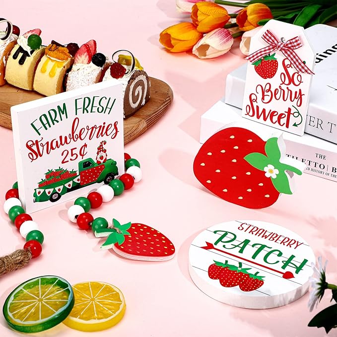 Yalikop 10 Pcs Summer Tiered Tray Decor Sets Strawberry Kitchen Decor Farmhouse Wood Tiered Tray Decorations Standing Sign Bead Garland Banner for Home Able Shelf Mantel Party