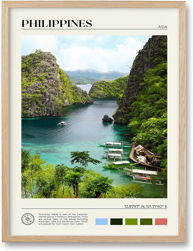 HesenDot Natural OAK Wood Framed Philippines Natural Scenery Wall Art,12x16in Busuanga Island Landscape Canvas Print,Urban Landmark Wall Decor for Living Room,Bedroom,Office Gallery,Set of 1