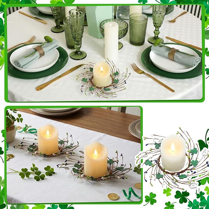 Daifunli 2 Pcs St. Patrick's Day Candle Ring Shamrocks Rings Wreaths Vintage Clover Berries Wreaths for Pillar 3.9 Inch Candles Holder for St. Patrick's Day Irish Rustic Table Centerpiece Decor
