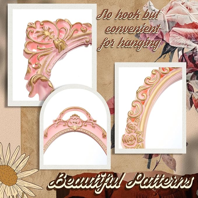 Beeveer 3 Style Vintage Mirrors Set Decorative Oval Wall Mirror Small Antique Mirrored Tray Decorative Hanging Mirror for Bathroom Bedroom Jewelry Organizer Victorian Decor (Shield,Pink)