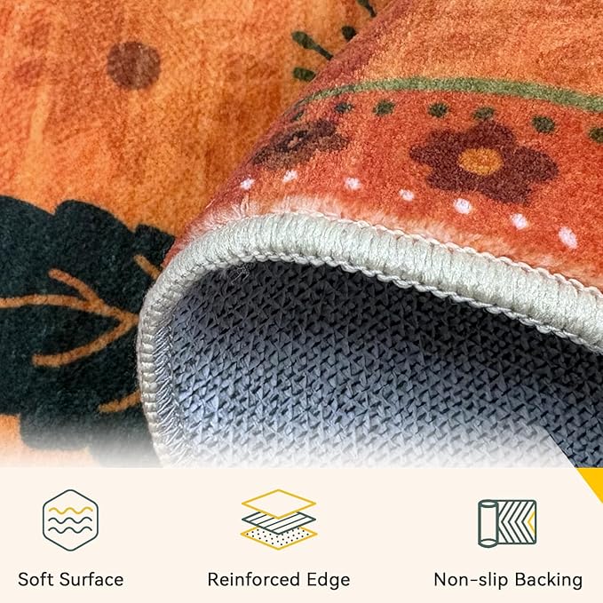 RELEANY Floral Nursery 9x12 Area Rugs Washable Print Boho Cute Carpet Non Slip Flower Low Pile for Living Room Kids Girls Playroom Bedroom Kitchen Office Farmhouse-Burnt Orange