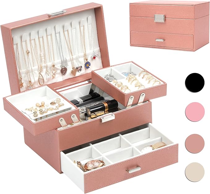 Dajasan Jewelry Organizer Box, Large Jewelry Boxes for Women Girls, Space-Saving 3 Layers Jewelry Storage Case with Drawer, Movable Metal Stand, Modern, Gift Idea (Champagne)