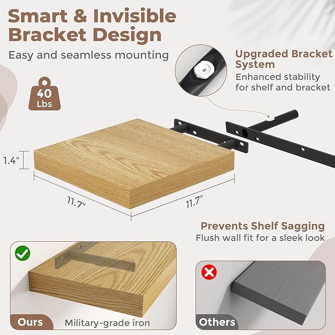 12 Inch Floating Shelves for Wall with Invisible Brackets Set of 3, 12"D Engineered Wood Wall Shelves with Wood Grain for Living Room, Bedroom, Bathroom, Kitchen Decor and Storage, Oak Finish