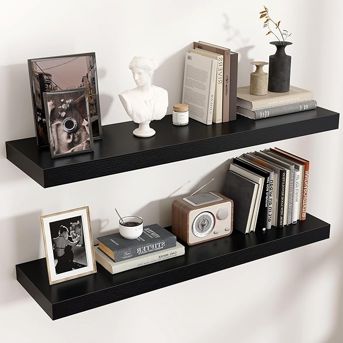 Venusmiles Floating Shelves for Wall, Engineered Wood Wall Shelves with Invisible Brackets for Living Room Bedroom Bathroom Office Kitchen Decor and Storage (Black, 36" W x 9" D x 1.5" H) Set of 2