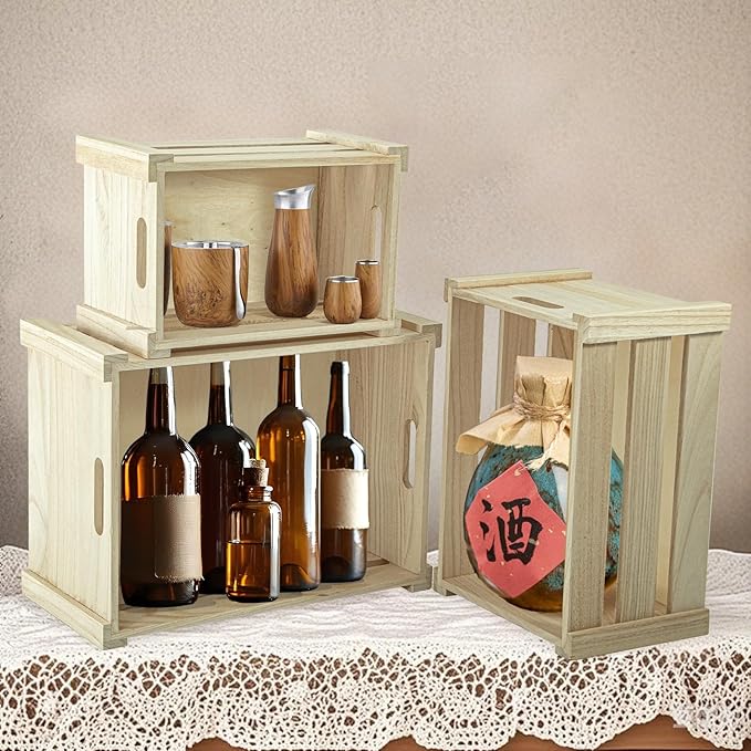 Wooden Crate,Large Nesting Wood Crates with Handles , Decorative Hand Crafted Box Rustic boxes Storage Container for Display, Decor, 2 Side Wooden Clauses. Baskets-Burlywood，Set of 3