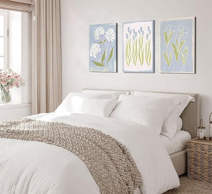 3Pcs Blue Green Tulip Hydrangea Flower Canvas Wall Art Flowers Plant Aesthetics Painting Picture Decor Elegant Preppy Poster Print Artwork for Living Room Gallery Bedroom Dorm Home Decoration