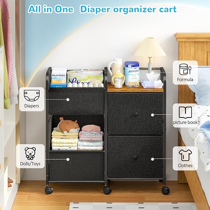 Baby Diaper Caddy Organizer Cart with Wheels, Rolling Cart with Dividers and Drawers, Mobile Utility Cart Bedside for Nursery, Bedroom, Baby Newborn Essentials Storage Cart, Black