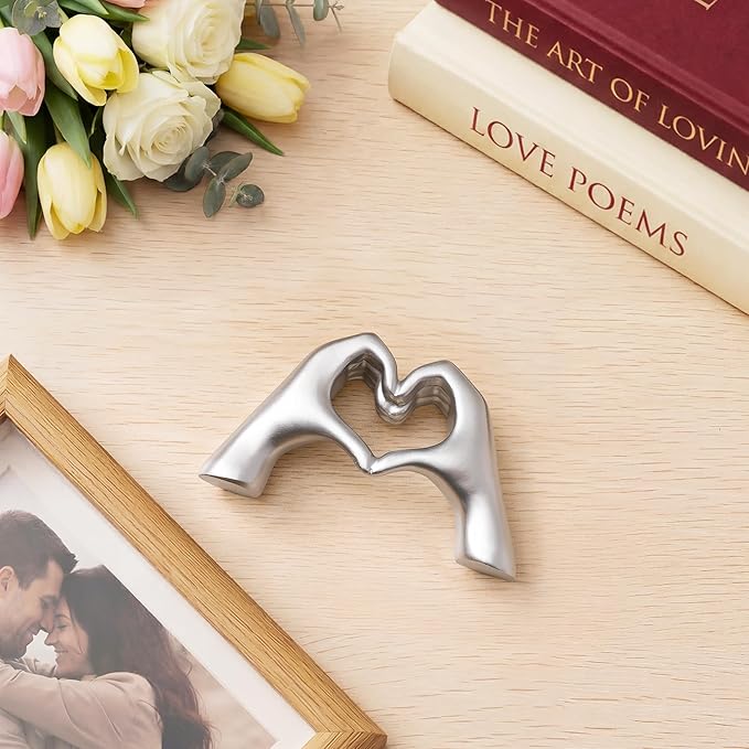 Gold Decor Living Room – Mini Small Heart Hands Sculpture – Shelf Decor Aesthetic – Cute Home Accent Table & Shelves – Love Statue - Gifts Girlfriend, Wife, Women, Teen Girls, Valentine (Silver, Mini)