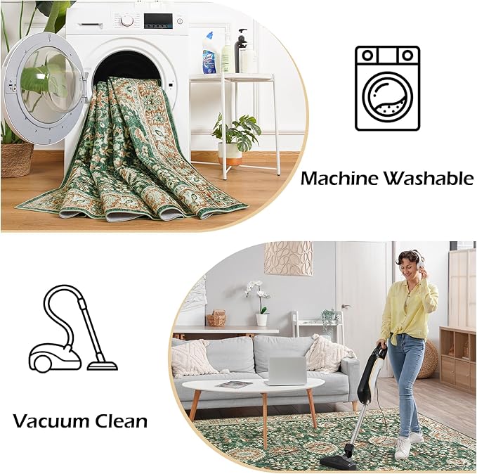 Goideal Washable Runner Rug 2x6, Vintage Rugs Non Slip, Indoor Low Pile Carpet with Rubber Backing for Kitchen Bathroom Entryway Office Bedroom,Green & Orange
