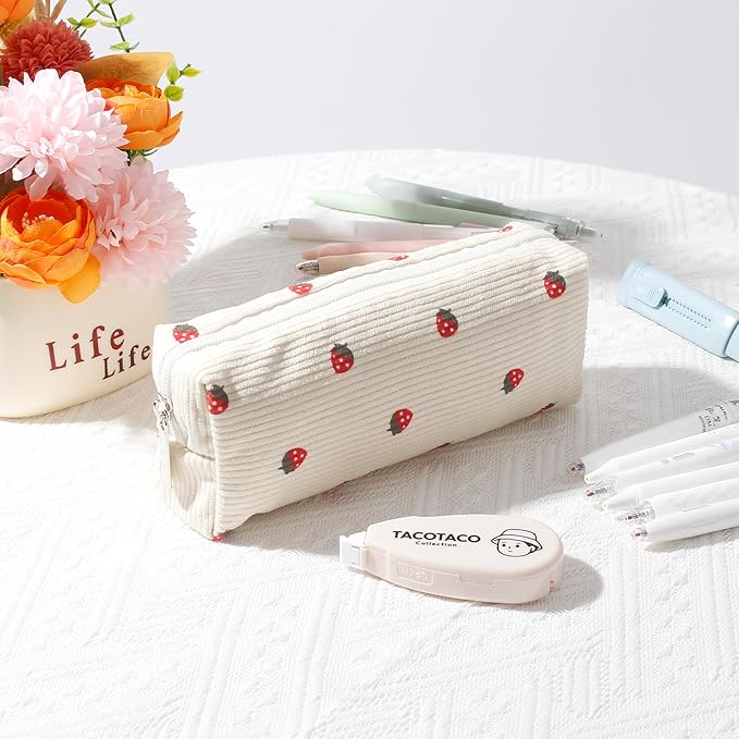Pencil Case Lightweight Aesthetic Pen Case Office College School Storage Bag Pouch Holder Box Organizer Makeup Pouch Cosmetic Bag for Girls Boys Kids (Flowers-Beige strawberry)