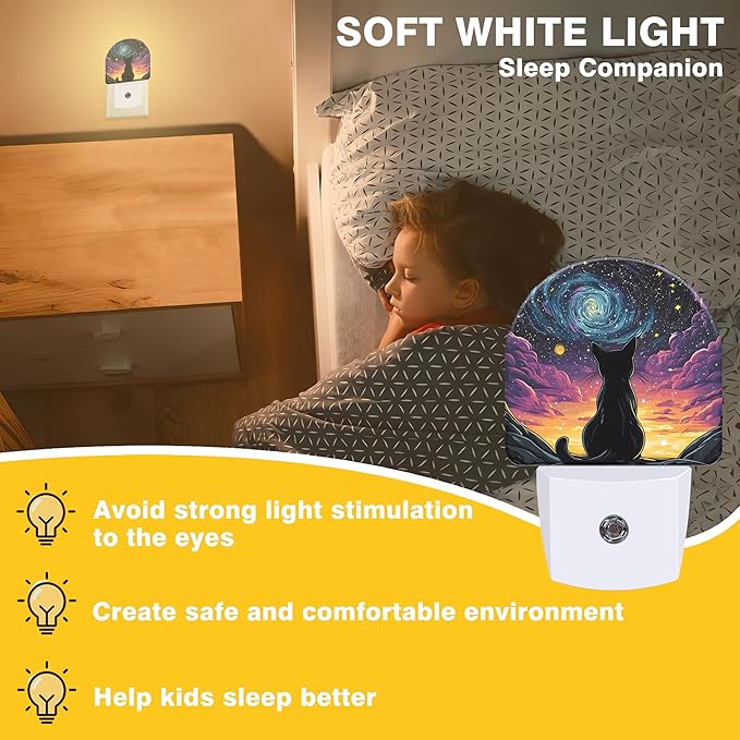 Van Gogh Starry Night Night Light, Black Cat Night Lights Plug into Wall Dusk to Dawn Sensor Round Nightlight for Women Men Energy Efficient Led Lamp 0.5W for Stairway Hallway Bedroom