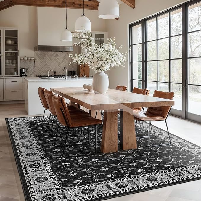 Rugxara Black Rug Area Rugs 5x7, Washable Rugs for Living Room, Vintage Boho Rug for Office, Dining Room, Kids Room and Farmhouse, Durable Low Pile Non-Slip Area Rug for High Traffic Areas(Black 5x7