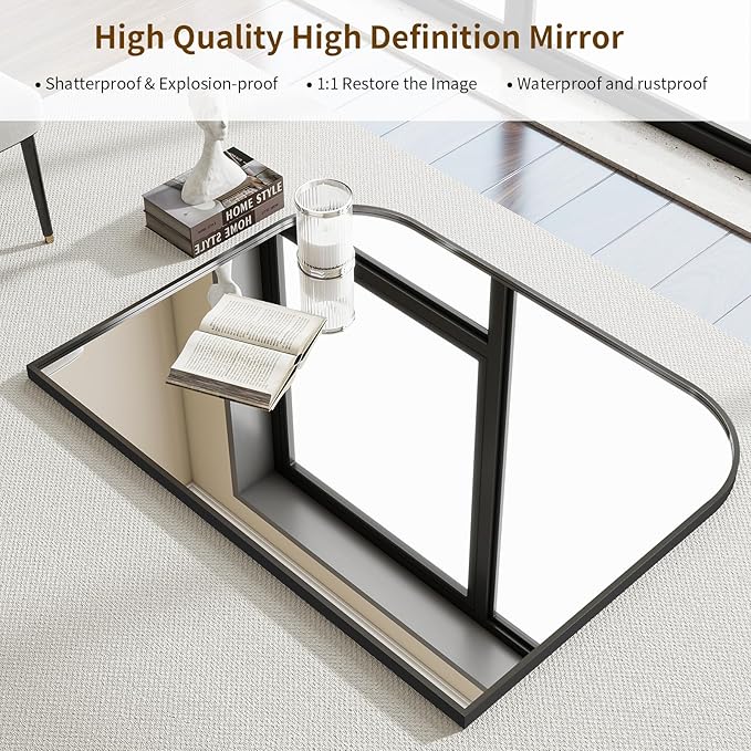 Black Arched Top Wall Mounted Mirror - 38 x 30 Inch Round Cruved Top Bathroom Vanity Mirror, Aluminum Metal Framed, Home Decor for Living Room, Bedroom, Fireplace, Mantle, Entryway