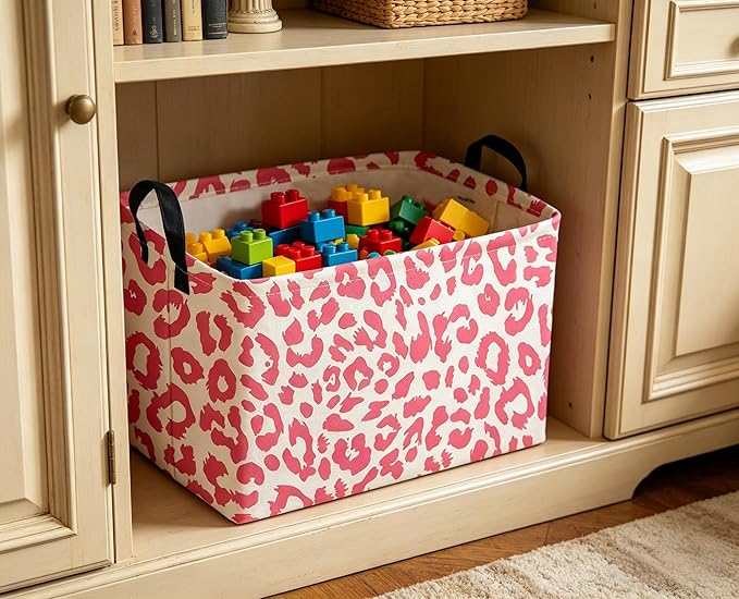 Sanjiaofeng Rectangular Kids Baskets,Leopard Print Basket,Pink Storage Basket with Handles,Waterproof Collapsible Storage Bin for Kids,Kid Room Decor,Books Box,Gift Basket(Leopard Print)