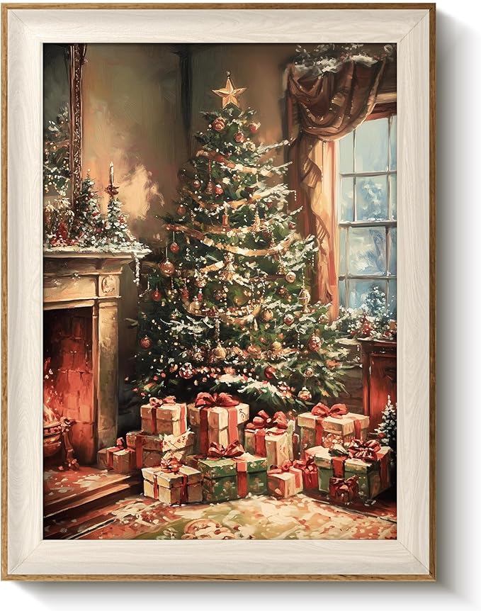VIYYIEA Winter Framed Wall Art for Living Room, Christmas Tree Canvas Prints, Oil Painting Home Decor, Christmas Picture, Bathroom Wall Decor Gifts for Friends or Family - 16L x 12W