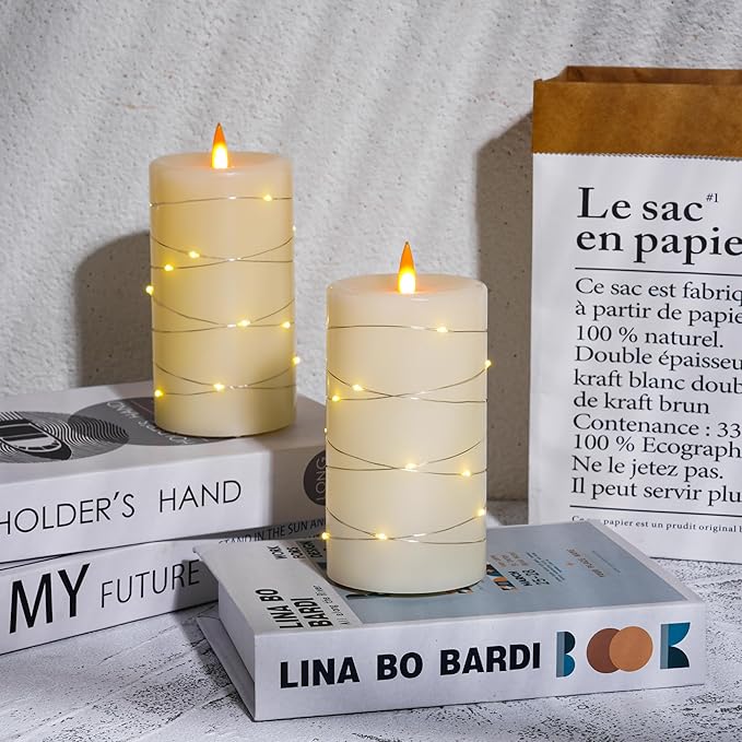 Upinmz Flickering Flameless Candles with String Lights, Battery Operated Candle, LED Candles Unbreakable Acrylic Candles with Remote Control and Timer -3 Pack Ivory White