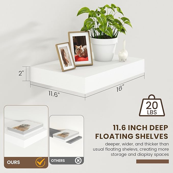 FLYJOE 12 Inch Deep Floating Shelves | 16 Inch White Floating Shelves Set of 2 | Rustic White Deep Shelves for Wall | White Wall Shelves for Living Room Bathroom Kicthen Bedroom